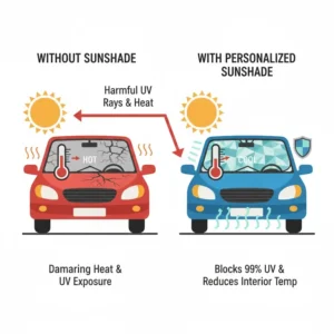 A temperature comparison chart demonstrating the cooling effect of a personalized sunshade for car.