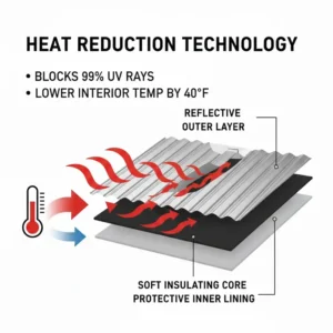 Infographic or diagram illustrating the significant heat reduction properties of the multi-layer RAV4 sun shade material.