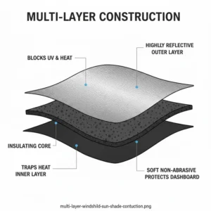 Close-up diagram of the multi-layer thermal insulation in a windshield sun shade for camaro.
