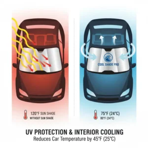 An infographic showing how a custom logo sun shade effectively reflects UV rays and lowers car temperature.