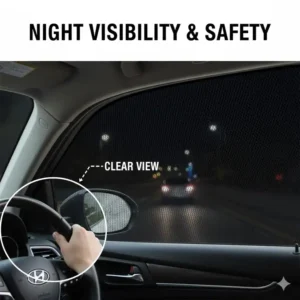 Interior view illustration demonstrating clear driver visibility through a mesh custom rear window shade.