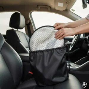 A compact dash sun shade conveniently rolled up and placed inside its storage bag.