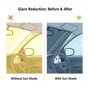 A split image illustrating the difference between intense sun glare without a shade and significantly reduced glare when using the best driver side sun shade.
