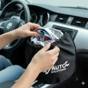 A compact, twisted personalized windshield shade being neatly placed into its small storage bag.