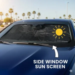 A removable, mesh-style camaro sun shade installed on the side window, offering extra passenger protection from sun glare.