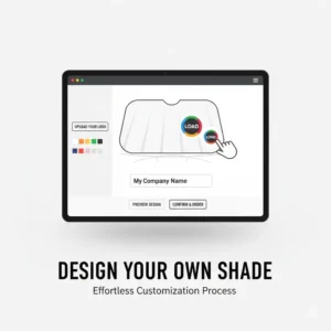 A digital mockup of a design interface for creating your own personalized custom logo sun shade.