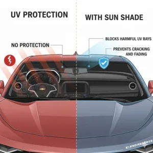 Graphic showing how to prevent dashboard cracking using a windshield sun shade for camaro.