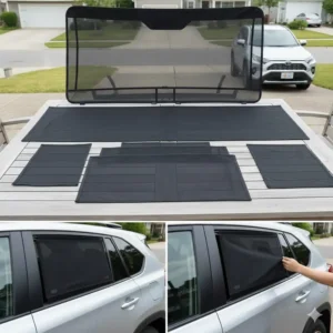 Photo showing the complete set of magnetic RAV4 window screens for all windows, emphasizing quick installation and removal.