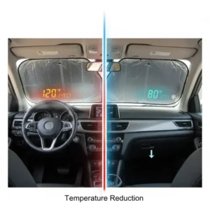 Comparison image showing a significantly lower interior temperature thanks to the dash sun shade.