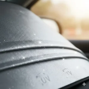 Close up of high quality silver reflective fabric used in collapsible auto sun shades to block harmful UV rays.