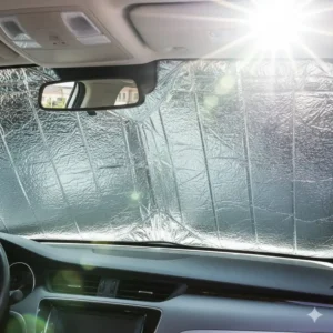 An interior view highlighting the reflective surface and maximum heat blocking achieved by using a silver car sun shade black or silver for cooling.