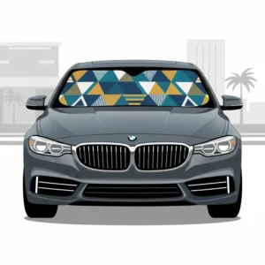 A stylish sedan using a personalized sunshade for car with a modern custom aesthetic pattern.