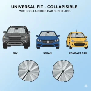 Illustration showing different sizes of collapsible car sun shade fitting an SUV, a sedan, and a compact car.
