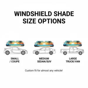 A visual chart comparing the different size and shape options available for the personalized windshield shade.