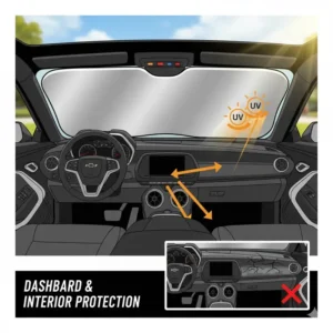 A diagram illustrating how the custom-fit camaro sun shade prevents damage and cracking to the dashboard and steering wheel.