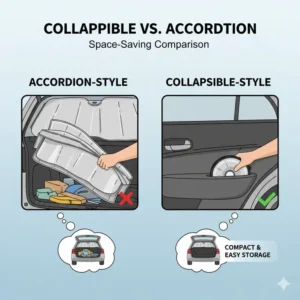 Comparison between a bulky accordion-style shade and a space-saving collapsible car sun shade.