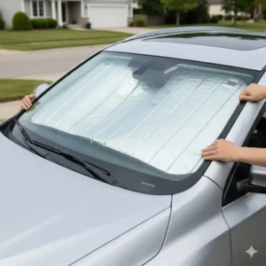 Step-by-step image of a person installing the custom-fit RAV4 windshield shade, highlighting the easy, no-tool setup.