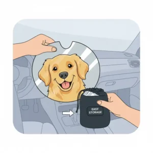 A close-up of a foldable personalized sunshade for car being easily stored in its carry bag.