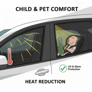 Illustration of a baby protected from harsh sunlight by a high-quality custom rear window shade.