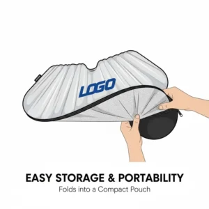 An illustration of a custom logo sun shade being easily folded into a compact storage pouch.