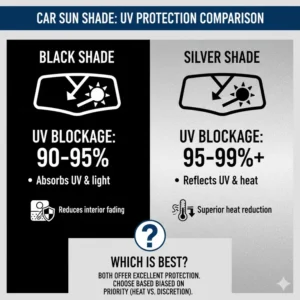 An infographic detailing the UV protection ratings and heat reduction metrics when deciding on a car sun shade black or silver option.