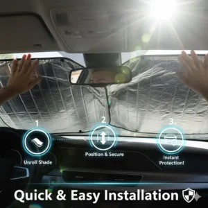 Step-by-step image of a user quickly and easily installing the windshield dash sun shade.