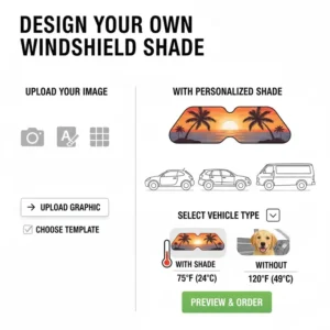 A graphic showing the online interface where customers can upload images to design their personalized windshield shade.