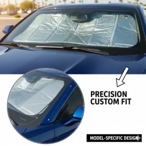 Demonstrating the precise, custom-fit dimensions of the camaro sun shade specifically molded for the Chevrolet windshield shape.