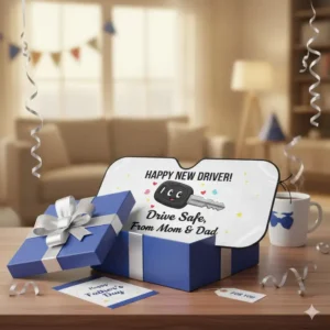 A beautifully wrapped personalized sunshade for car presented as a unique gift idea for drivers.