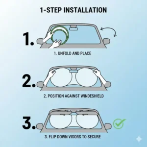 Step-by-step illustration for installing a collapsible car sun shade using the vehicle's sun visors for support.