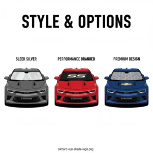 Display of different aesthetic designs and finishes available for a windshield sun shade for camaro.