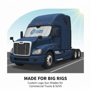 A large-sized custom logo sun shade specifically designed to fit the windshield of trucks and heavy-duty SUVs
