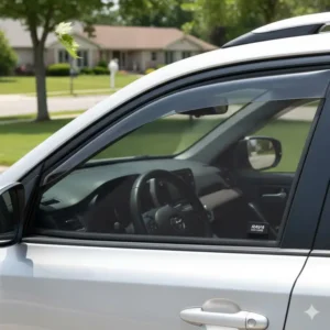 A semi-transparent mesh RAV4 window visor in the window, allowing for ventilation while keeping out insects and direct sun.