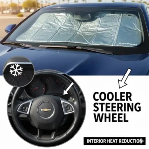 A shot of the steering wheel staying noticeably cooler thanks to the effective heat reduction provided by the camaro sun shade.