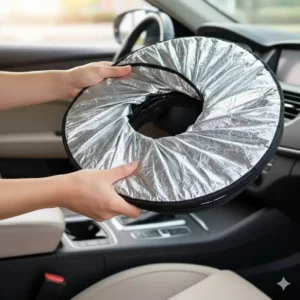 A clear photograph showing the compact folding and easy storage method for a portable car sun shade black or silver type.