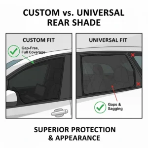 Comparison chart highlighting the benefits of a custom rear window shade versus universal car sunshades.