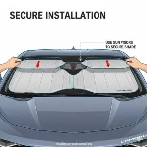Instruction manual style graphic for securing a windshield sun shade for camaro using sun visors.