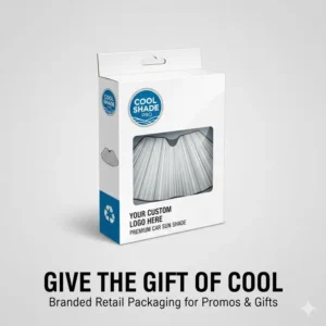 A retail-ready custom logo sun shade in high-quality packaging for promotional gifting purposes.