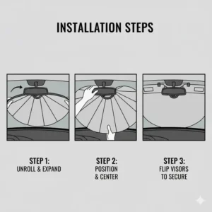 Step by step illustration of unfolding and securing collapsible auto sun shades behind the rearview mirror.