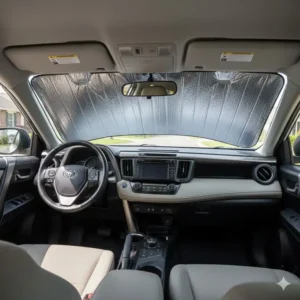Interior shot of a Toyota RAV4 dashboard shielded by a reflective window shade, protecting the dash and seats from UV damage.