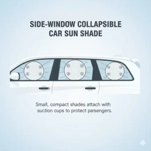 Illustration of small collapsible car sun shade attached to side windows using suction cups for passenger sun protection.