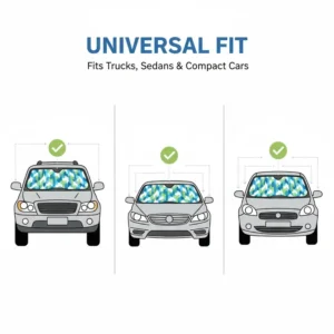 A technical diagram showing the universal dimensions of a personalized sunshade for car for different vehicles.