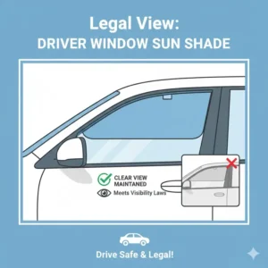 A diagram showing the proper placement of the best driver side sun shade to maintain visibility and meet local traffic laws for window coverings.
