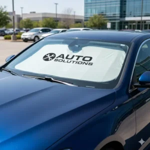 An image of a personalized windshield shade featuring a clean, professional company logo, ideal for branding purposes.