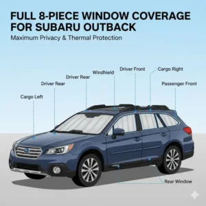A complete 8-piece kit of sun shades for subaru outback providing full window coverage and privacy.
