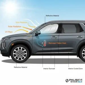 Scientific diagram showing how a hyundai palisade sunshade reflects solar radiation to maintain a cool cabin temperature.