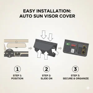 Step-by-step diagram showing how to easily install auto sun visor covers on any vehicle sun shade.