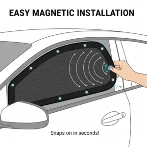 Illustration showing the simple snap-on installation of a magnetic car window cover.