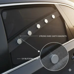 Close-up detail of the powerful magnets inside the frame of magnetic sunshades