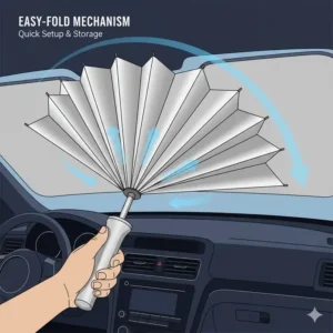 Close-up of the easy folding mechanism of the best car windshield sun shade umbrella.